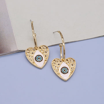Gold Tone Openwork Heart Evil Eye Long Hook Earrings