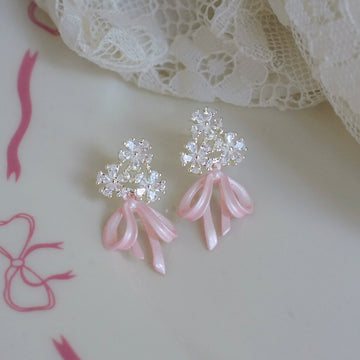 Crystal Bow Stud Earrings with Three Pastel Drop Colors