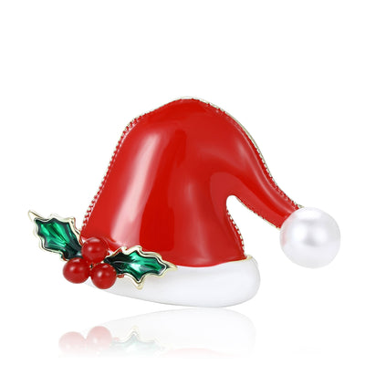 Front view of the santa hat brooch showing a glossy red Santa hat with holly leaves and a white faux pearl pompom