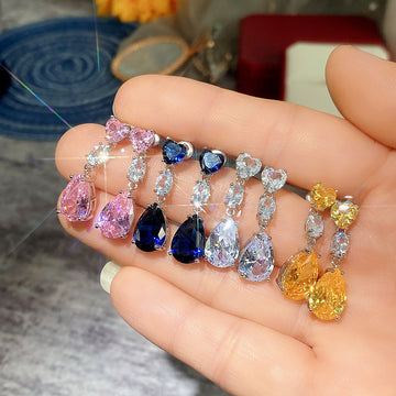 Heart Stud Teardrop Drop Earrings Pink Yellow Blue Clear