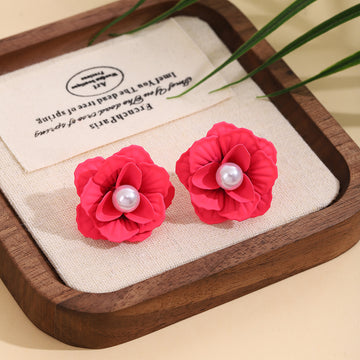 Red Layered Flower Pearl Look Statement Stud Earrings