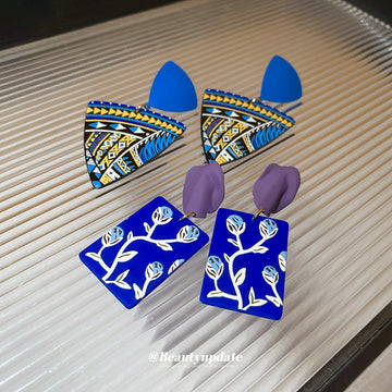 Blue Painted Geometric Floral Statement Drop Earrings