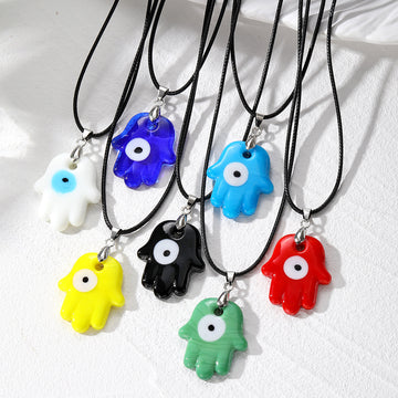 Glass Hamsa Evil Eye Pendant Necklaces on Black Cord 7 Colors
