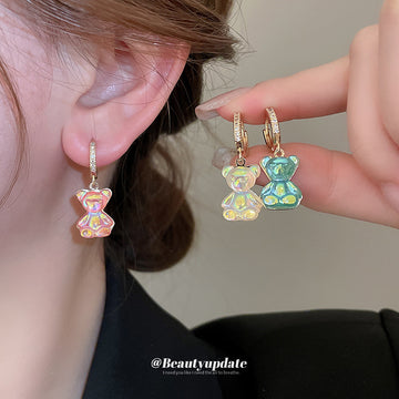 Pastel Crystal Bear Charm Drop Earrings in Two Designs