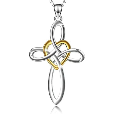 Two-tone silver and gold infinity-knot cross pendant with gold heart on white background