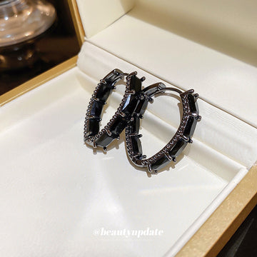 Black Crystal Heart Hoop Earrings With Gold Tone Charms