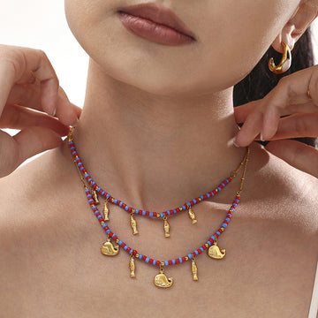 Gold Marine Whale Fish Bead Necklace Y-Lariat Ball Chain Set