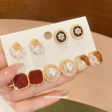 Gold Multi Pair Stud Earring Set Pearl Flower Amber Red