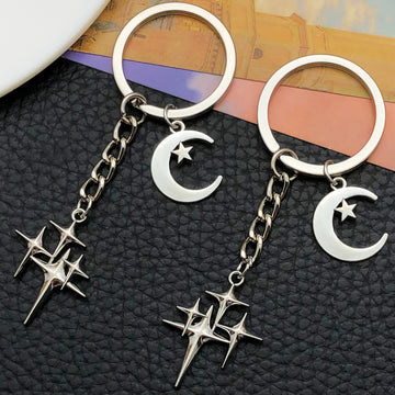 Antique Silver Cross Moon and Star Metal Keychain Set