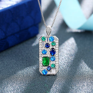 White Metal Multicolor Gem Dog Tag Pendant Necklace Alloy
