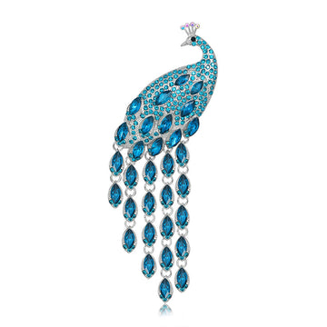 Aqua Blue Peacock Tassel Crystal Four Designs Metal Brooch Pin
