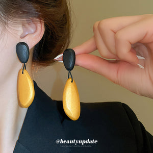 Black Wood Look Oval Textured Statement Drop Stud Earrings
