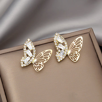 Gold Crystal Butterfly Stud Earrings Openwork Cutout Wings