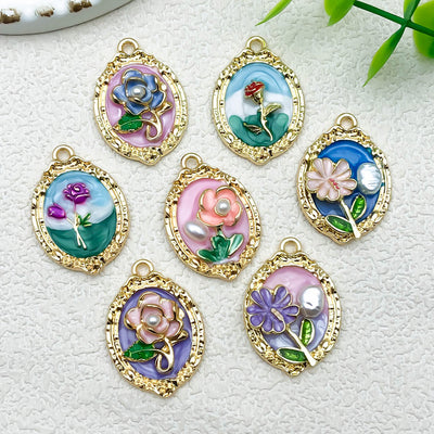 Colorful flower charms arranged on a light background