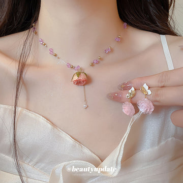 Pink Rose Butterfly Stud Earrings Coral Bead Rose Necklace Two Styles