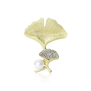 Matte Gold Ginkgo Leaf Brooch Rhinestone Accent White Pearl Pin