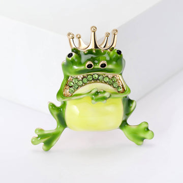 Green Enamel Crowned Frog Brooch with Detailed Metal-tone Finish