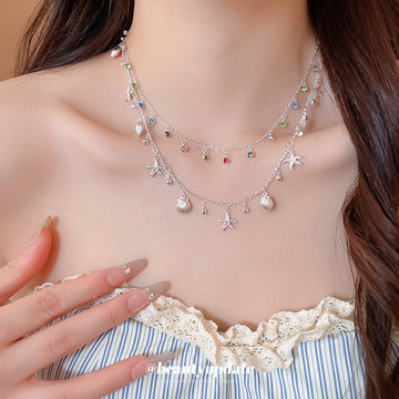 Layered Shell and Starfish Charm Necklace With Colored Beads