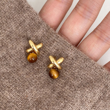 Gold Tone X Stud Earrings with Brown Circular Drop Accents