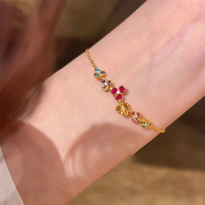 Multicolor Cubic Zirconia Clover Flower Chain Bracelet, Gold-Tone Brass