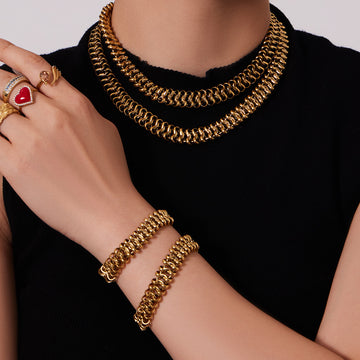 Woven Cuban Chain Necklace Bracelet Set Gold Steel