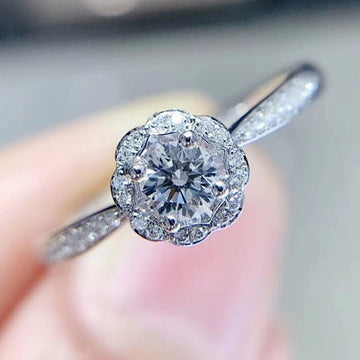 Silver Flower Halo Round CZ Pave Shoulder Band Ring
