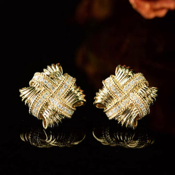 Gold Woven Cross Knot Stud Earrings with Pavé CZ Accents