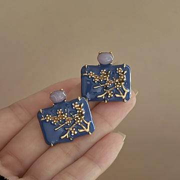 Blue Square Gold Tone Floral Branch Statement Stud Earrings