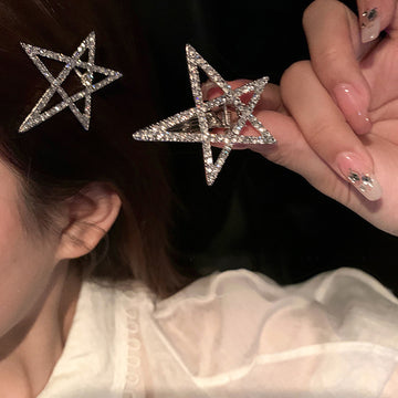 Silver Tone Open Star Hair Clip With Double Crystal Outlines
