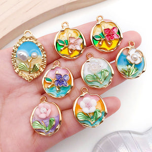 Enamel Flower Charm Pendants, Single or Assorted Packs, Gold-Tone Zinc Alloy