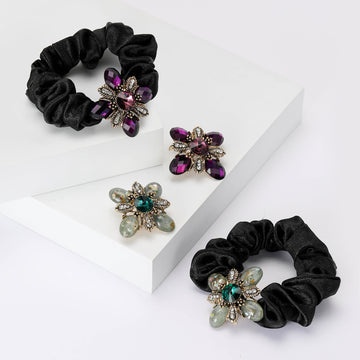 Jeweled Four Petal Flower Brooch and Black Scrunchie Collection