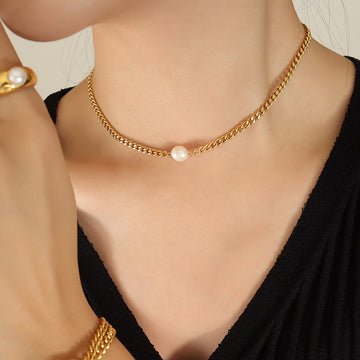 Gold Curb Chain Choker with Single Pearl or Color Bead
