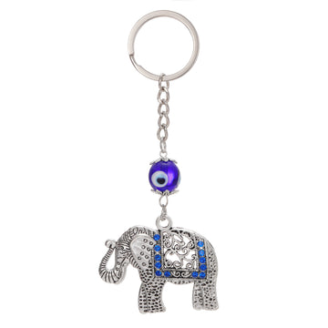 Silver Tone Openwork Elephant Blue Evil Eye Beaded Split Ring Keychain