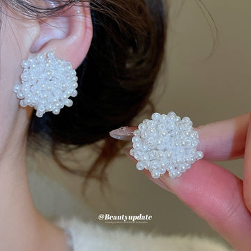 White Beaded Cluster Flower Stud Earrings With Rounded Petals