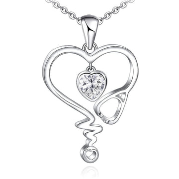 Silver Heart Stethoscope Clear CZ Pendant Necklace