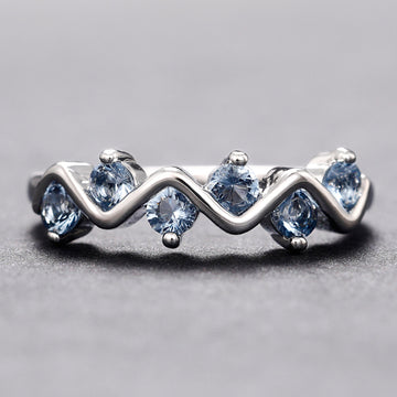 Silver Wave Blue CZ Band Ring Five Stone Zigzag Style