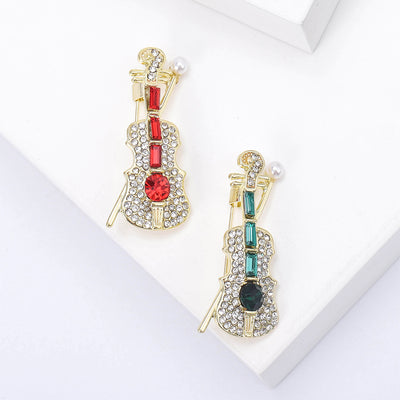 Colorful Rhinestone Violin Brooch isolated front view