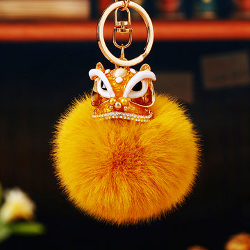 Lion Dance Head Faux Fur Pom Keychains in Seven Bright Colors