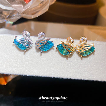 Blue Crystal Swan Stud Earrings in Two Metal Tones