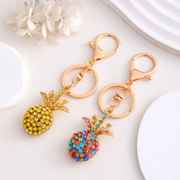 Rhinestone Pineapple Keychain Gold Clasp Yellow Multicolor