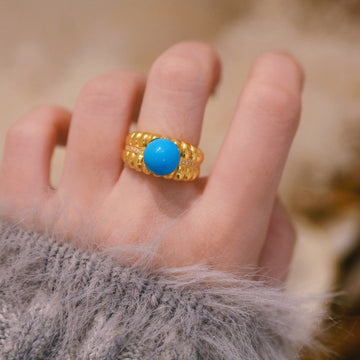 Gold Ribbed Band Ring Turquoise Blue Cabochon Center