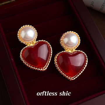 Gold Pearl Stud Red Heart Drop Earrings Twisted Rim