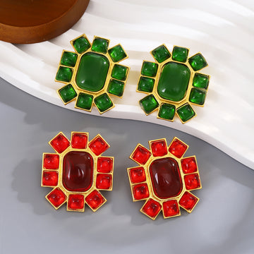 Gold Geometric Stud Earrings Red and Green Cabochon Frames