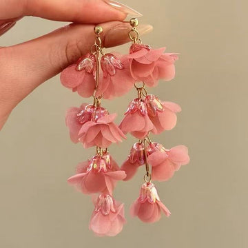 Layered Bellflower Tassel Earrings in Pink and Blue