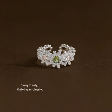 Silver Tone Clear Stone Daisy Green Center Adjustable Open Ring