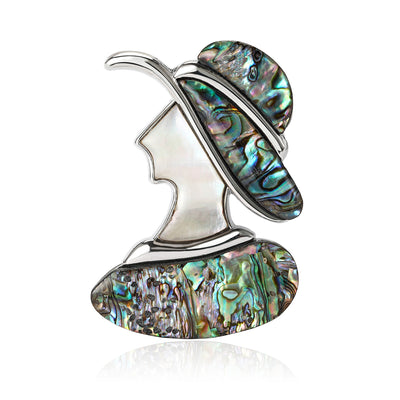 woman in a wide hat brooch shown from the front