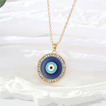 Gold Tone Crystal Halo Blue Evil Eye Pendant Necklace