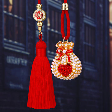 Mixed Heart and Pearl Fortune Pouch Car Hangers plus One Plain Red Tassel