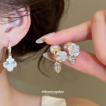 Crystal Clover And Pearl Huggie Drop Earrings Fashion Jewelry