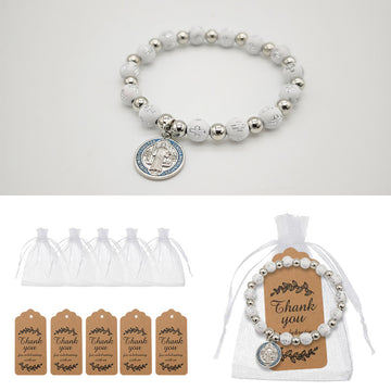 White Cross Bead Stretch Bracelet Saint Benedict Medal